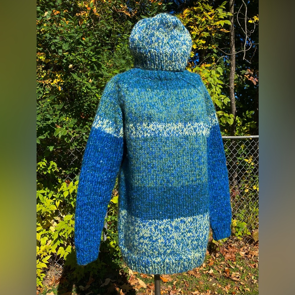 THICK HAND KNIT SWEATER & HAT Set Wool Matching Long Fit Green Blue Space Dyed S